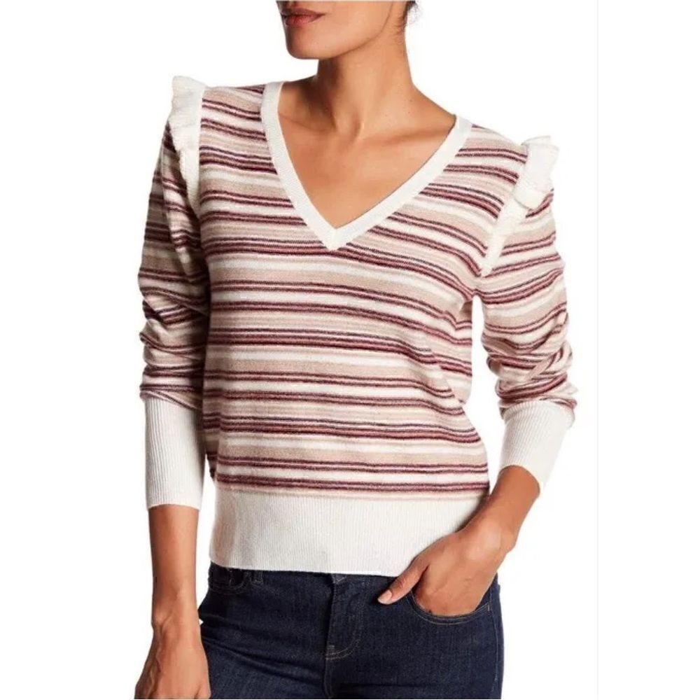Joie Cais D Porcelain Striped Metallic Wool Cashmere Ruffle Sleeve Sweater Sz M